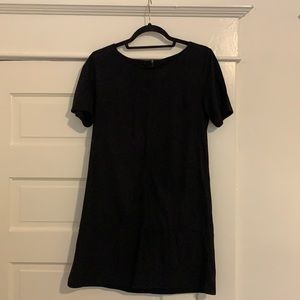 Black suede short-sleeve shift dress.